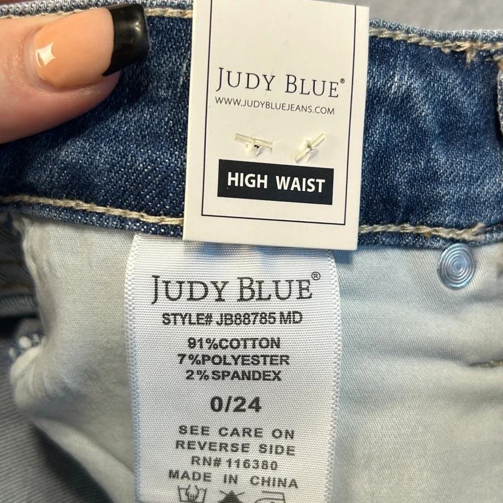 Judy BlueWide Leg Jeans Womens 0/24 HighRise Tummy Control Blue Denim Distressed